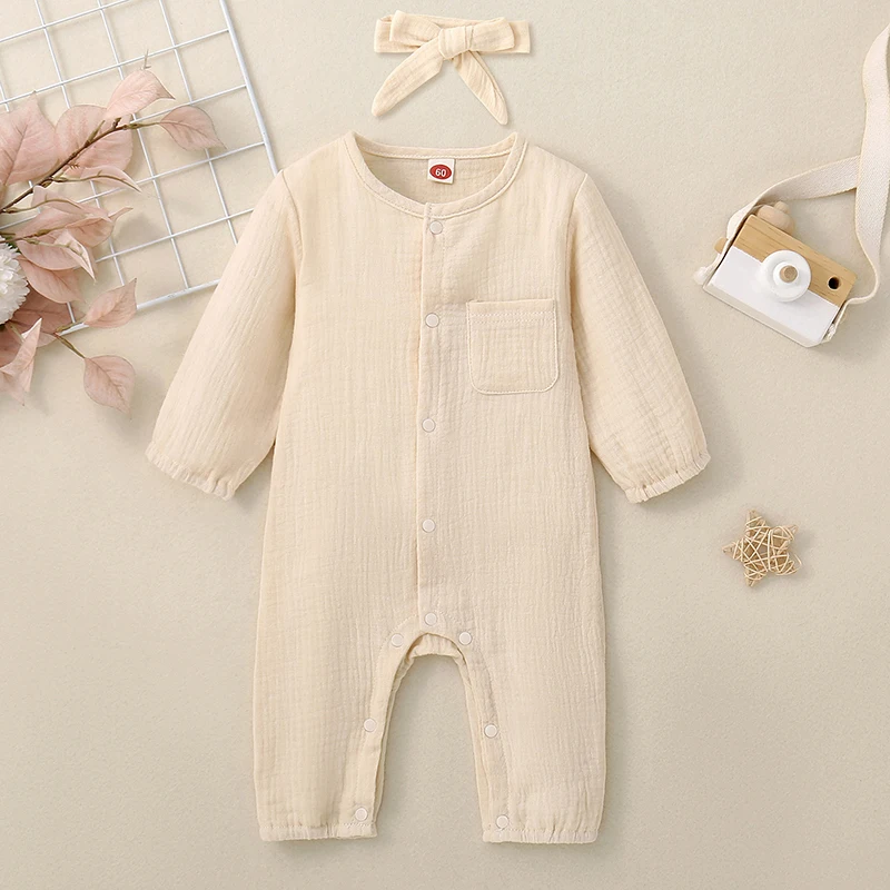 Infant Baby Girls Boys Jumpsuits Cotton Linen Rompers Solid Buttons Crew Neck Long Sleeve Bodysuits with Headband