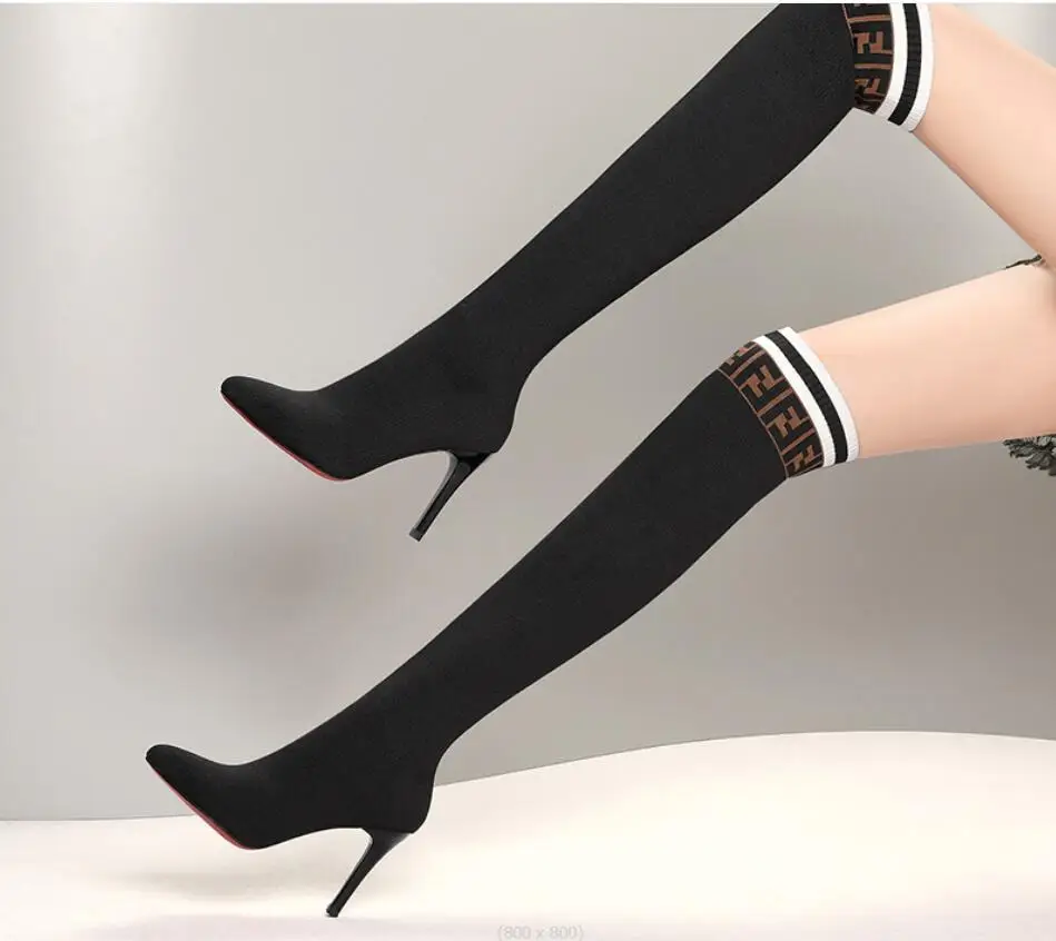 New Fashion Knee Length Boots Slender high heeled boots Stripe Contrast High Heel Elastic Boots Autumn Shoes Slender high boots