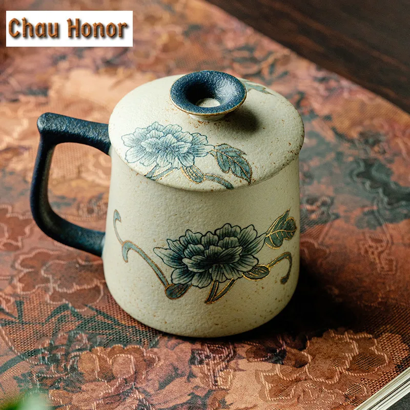 330ml Blue And White Flint Red Mug Handmade Gold Drawing Peony Flower Coffee Cup Infuser Tea Maker Office Water Cup Teaset Craft