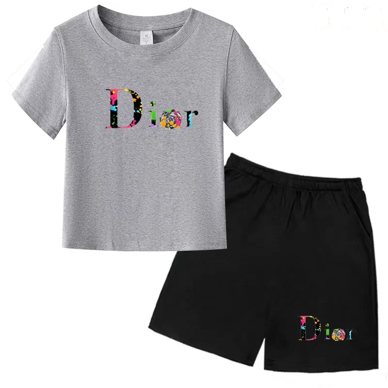 Kids Clothing Set Kids T Shirt Kids Sports Suit Children Sports Suit Kids Summer Monogram Print Top Boys Girls 3-12 Years Old Top + Shorts 2P Casual