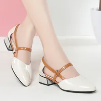 2024 Soft Leather Sandals Women Spring Summer Fashion Pointed Tip Single Shoes Low-Heel Hollow Buckle Ventilate Office Gentle 6