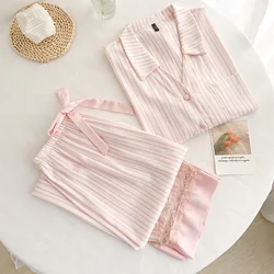 Lisacmvpnel Stripe Print Lace Sweet Women Pajama Set Long Sleeve Satin Chiffon Pyjamas