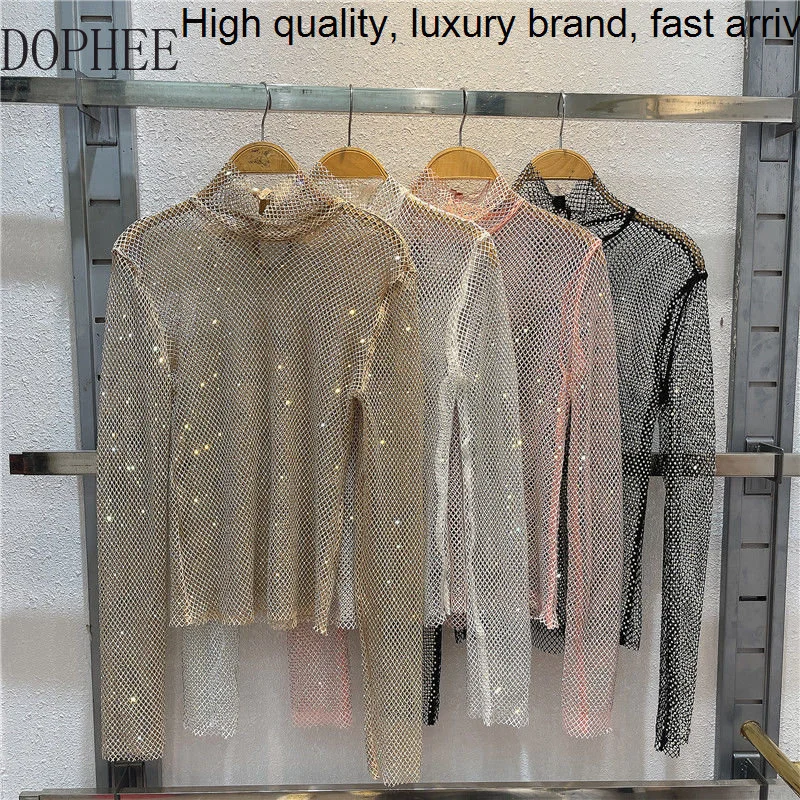 

Hollow Nightclub Sexy Perspective Mesh Diamond Crystal High Collar Pullover Fairy Tops Sparkling Fashion Lady Bottoming T-shirt