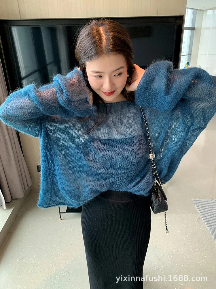 

Women Pullover Solid Color Mohair Sweater Loose Oversized Sexy Off Shoulder Hollow Knit See Through Harajuku Long Sleeve Sweater