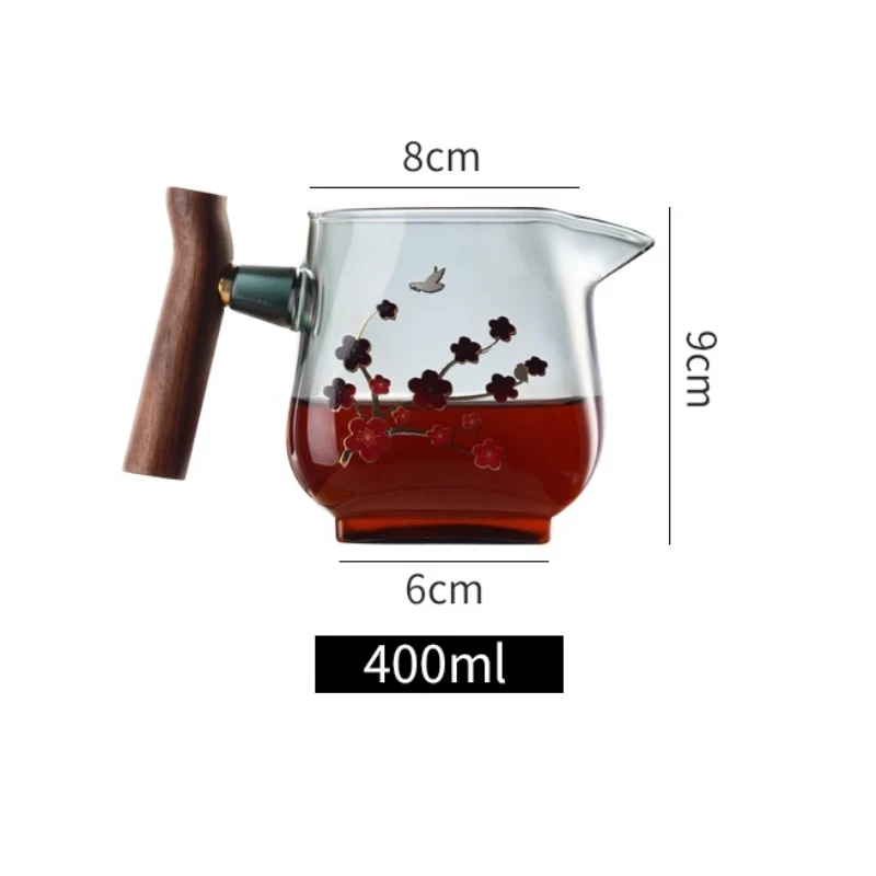400ml Glass Fair Cup Color Changing Red Plum Tea Dispenser Tea Filter Integrated Wooden Handle Fair Cup Tea Ceremony Accessories
