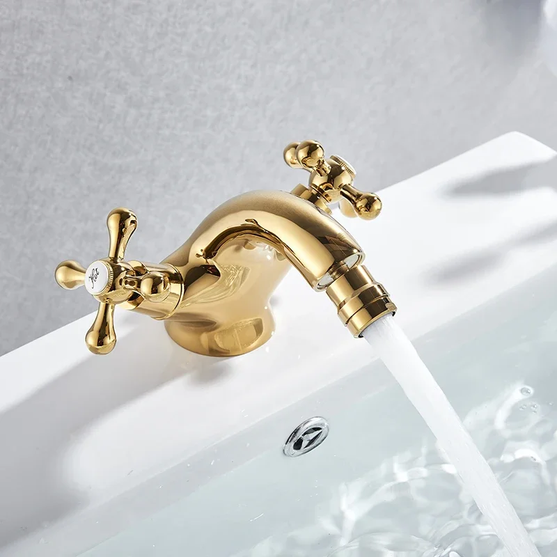 Vidric MYQualife  Gold Bidet Basin Faucet Dual Handles Water Bathroom Sink Brass Single Hole Deck Mounted Water Mixer Tap