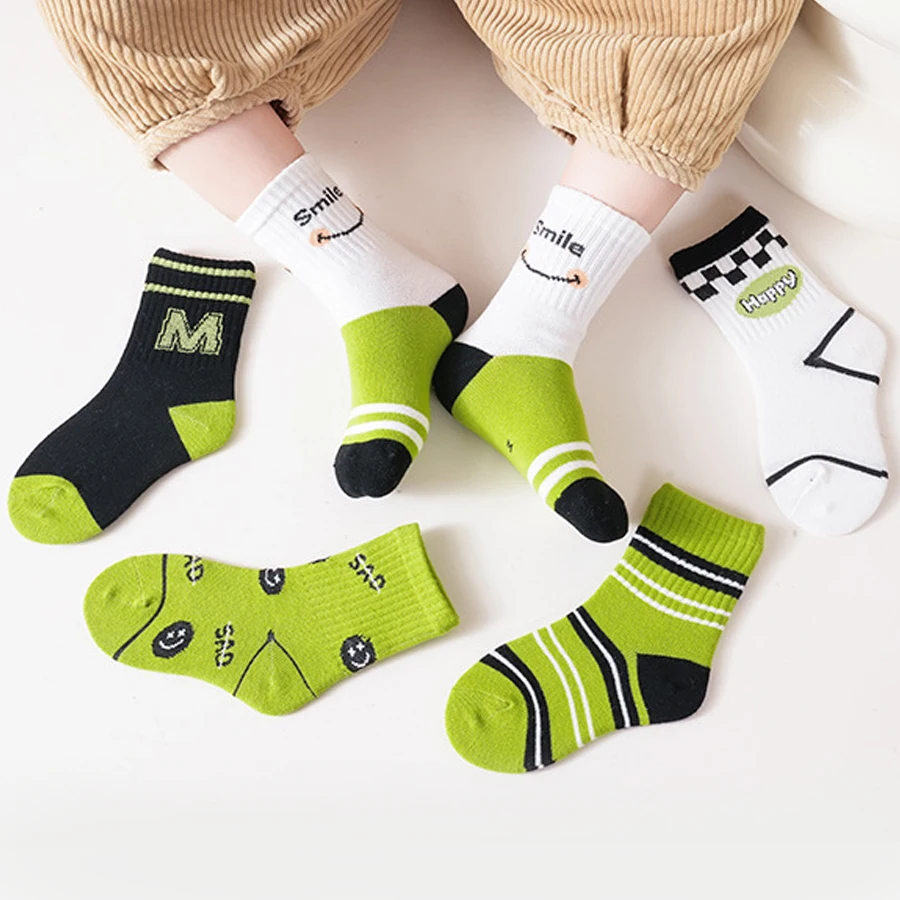 5 Pairs/Lot Children's Socks Autumn Winter Green Letters Korean ins Style Boys And Girls Socks Casual Comfortable Kids