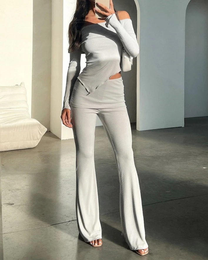 Casual Daily Two Piece Set Women Temperament Commuting Off Shoulder Hanky Hem Long Sleeve Top and Skinny High Waist Pants Set