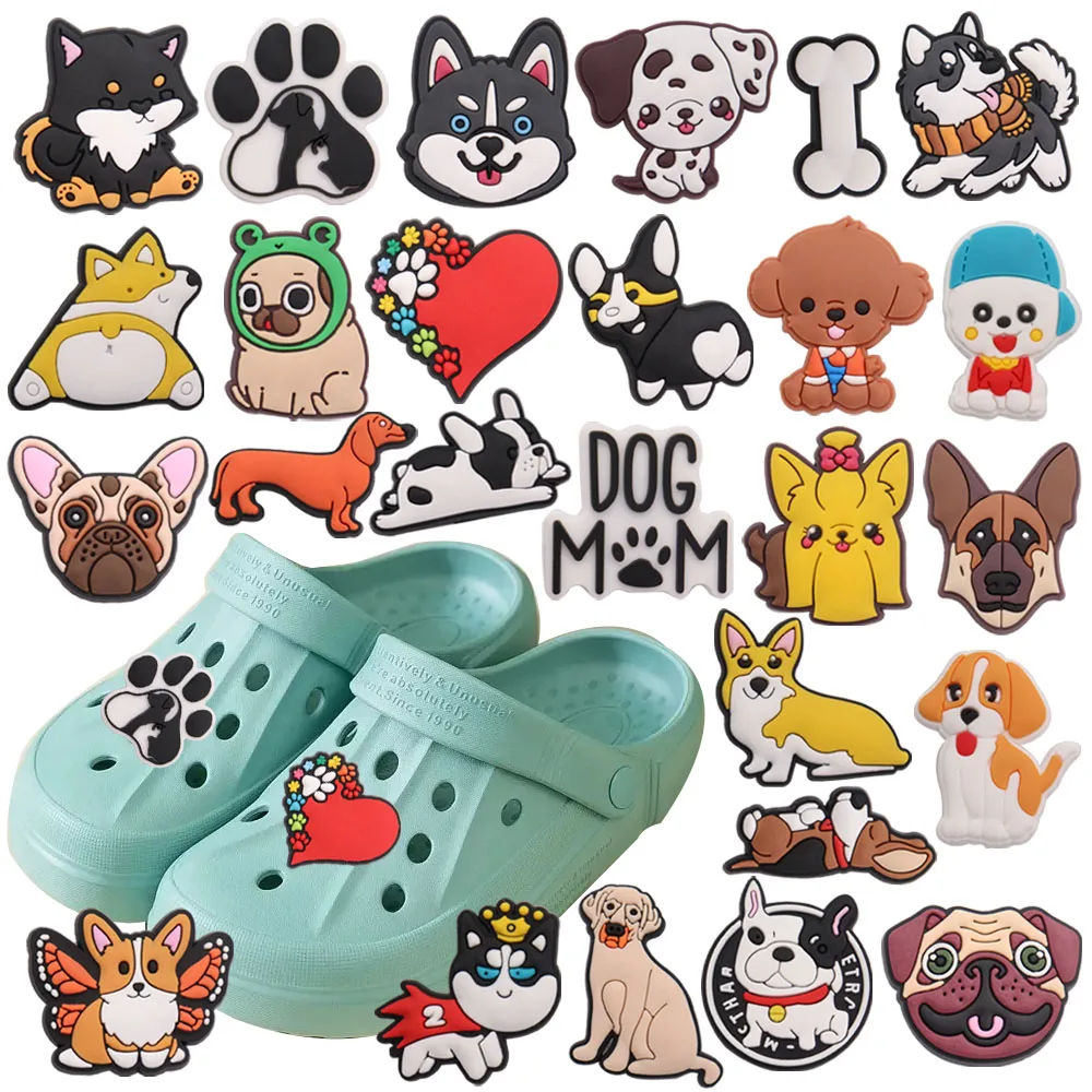 

Wholesale 50pcs PVC Animal Croc Jibz Charms Fit Wristbands Kawaii Dog Mom Heart Footprint Shoe Buckle Clog Decorations