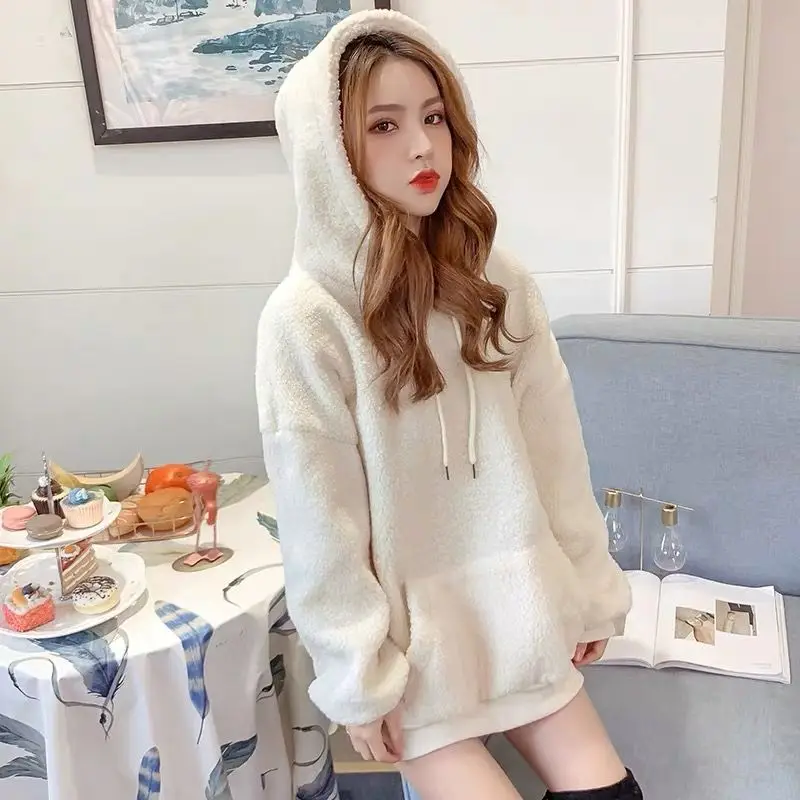 Lamb Wool Solid Sweatshirts Women's 2023 Autumn/Winter Korean Edition Loose and Thickened Hooded Mid Length Top Coat Trend