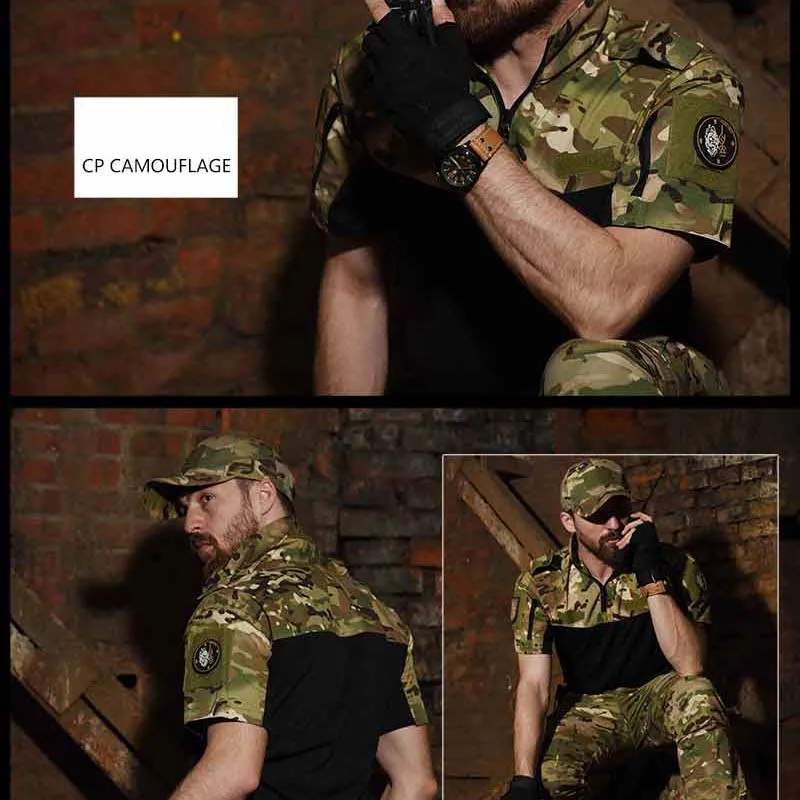 Outdoor Short Sleeve Polo Shirt CP Desert Camouflage Army Tactical Military Uniform Absorb Sweat Hunting Men Combat Army Suit sport t shirt