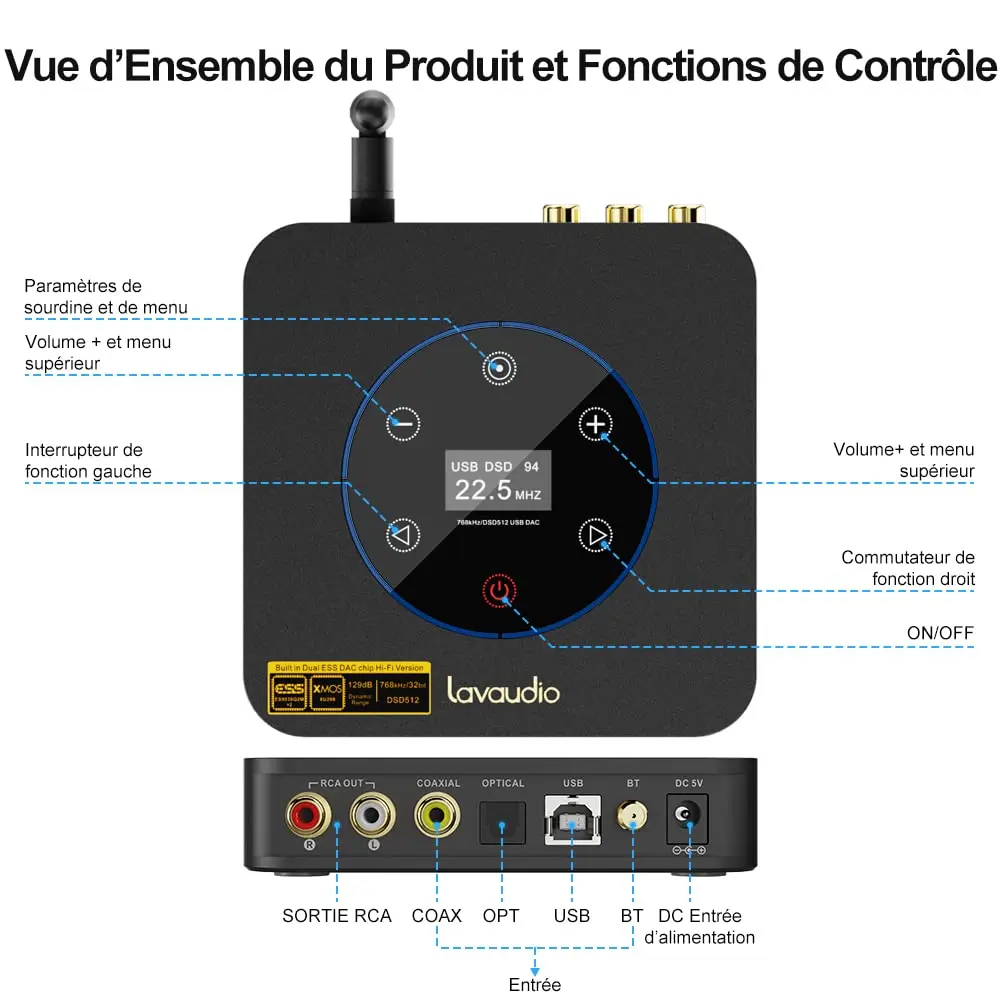 1Mii – DS601 récepteur Bluetooth 5.0 stéréo de bureau, préamplificateur, décodeur, ESS DAC HiFi, puissance numérique pour télévision et PC