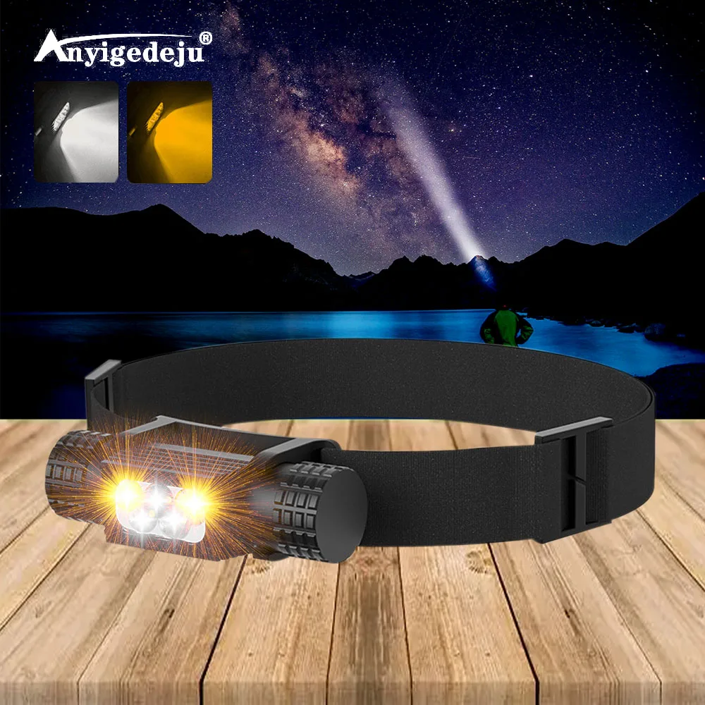 LED Mini Headlamp High Power White Yellow Headlight 18650 Type-C USB Head Torch Camping Hunting Flashlight Cool Warm Lamp