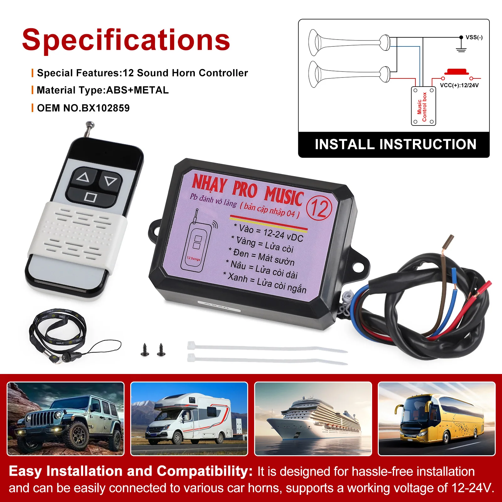 12 Tones 12-24V Nhay 3+ Pro Musical Horn Relay With Remote Control For Car Truck Van Motorcycle