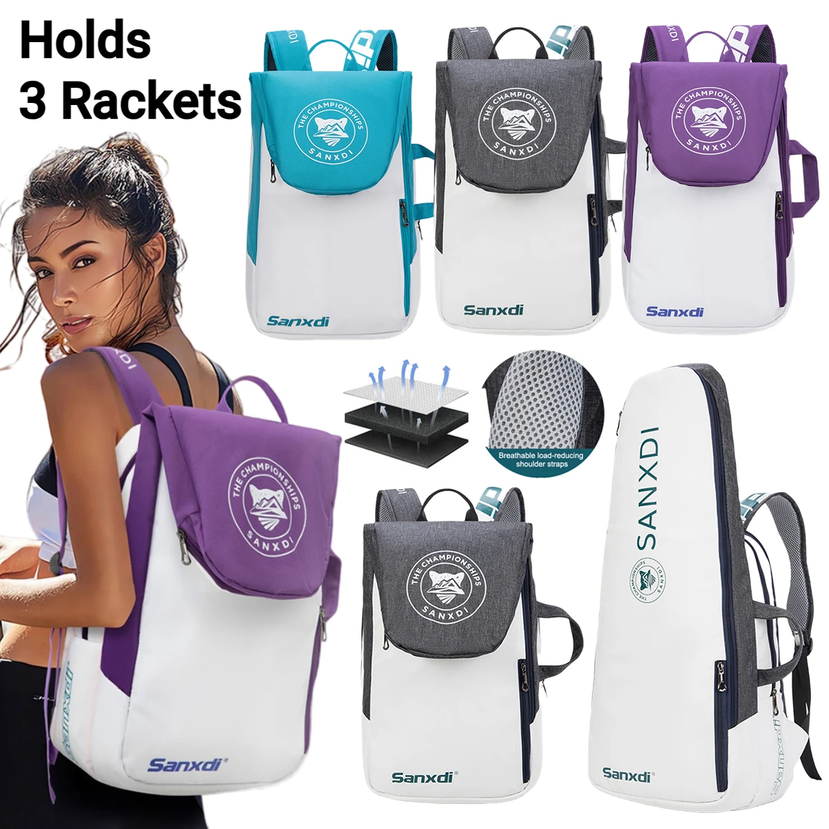 대용량 라켓 3 개 보관 테니스 배낭, 테니스 피클볼 배드민턴 스쿼시 스포츠용 방수 테니스 가방