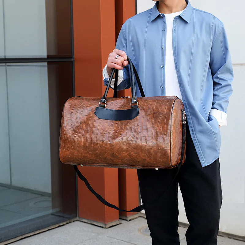 Fitness Gym Bag Python Pattern Travel Tote Handbag Casual PU Leather Male Luggage Duffle Shoulder Sports Business Bag For Men 3