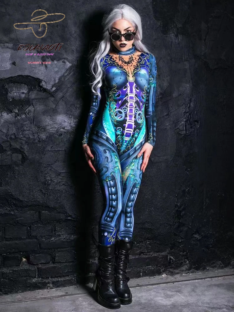Halloween Costume New Skeleton Digital Print Women's Bodycon Rompers Cosplayer Dress Girl's Scary Jumpsuit