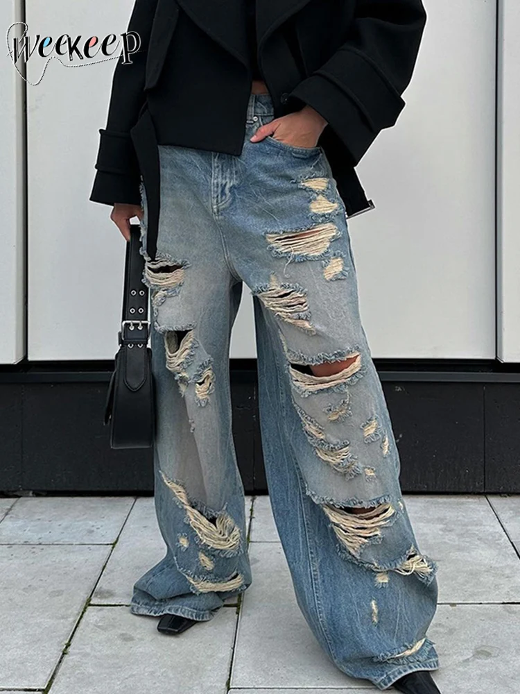 

Женские винтажные джинсы-капри Weekeep, рваные джинсы с потертостями и вырезами, мешковатые прямые джинсы с высокой талией