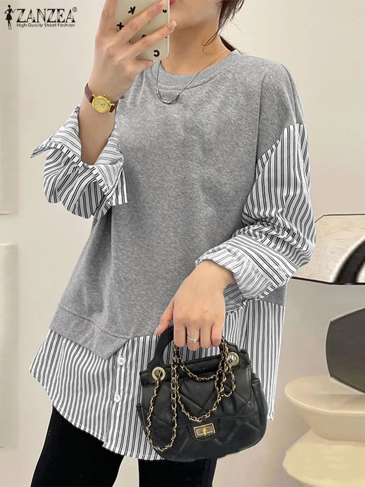 

Elegant OL Work Shirt ZANZEA Women Sweatshirts Spring Long Sleeve O-Neck Pullover Fashion Stripe Patchwork Hoodies Causal Tops