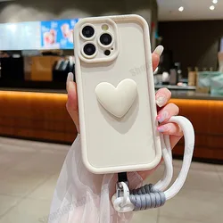 3D Love Heart Silicone Matte Phone Case with Lanyard for Huawei nova Y70 Plus (Beige Lanyard)