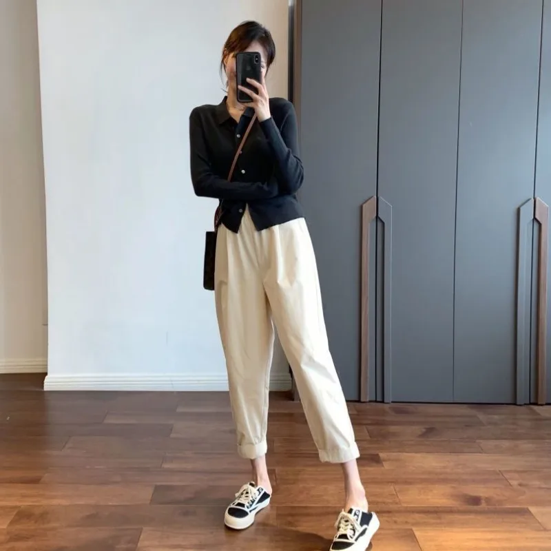 Women Autumn Office Lady High Waist Solid Color Harem Women Clothes Korean Casual Cropped pants