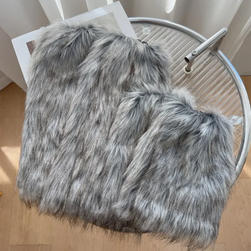 Women Faux Fur Leg Warmers Y2K JK Goth Solid Color Leg Boot Covers Harajuku Fur Foot Warming Cover Knee-length Hiphop Stockings