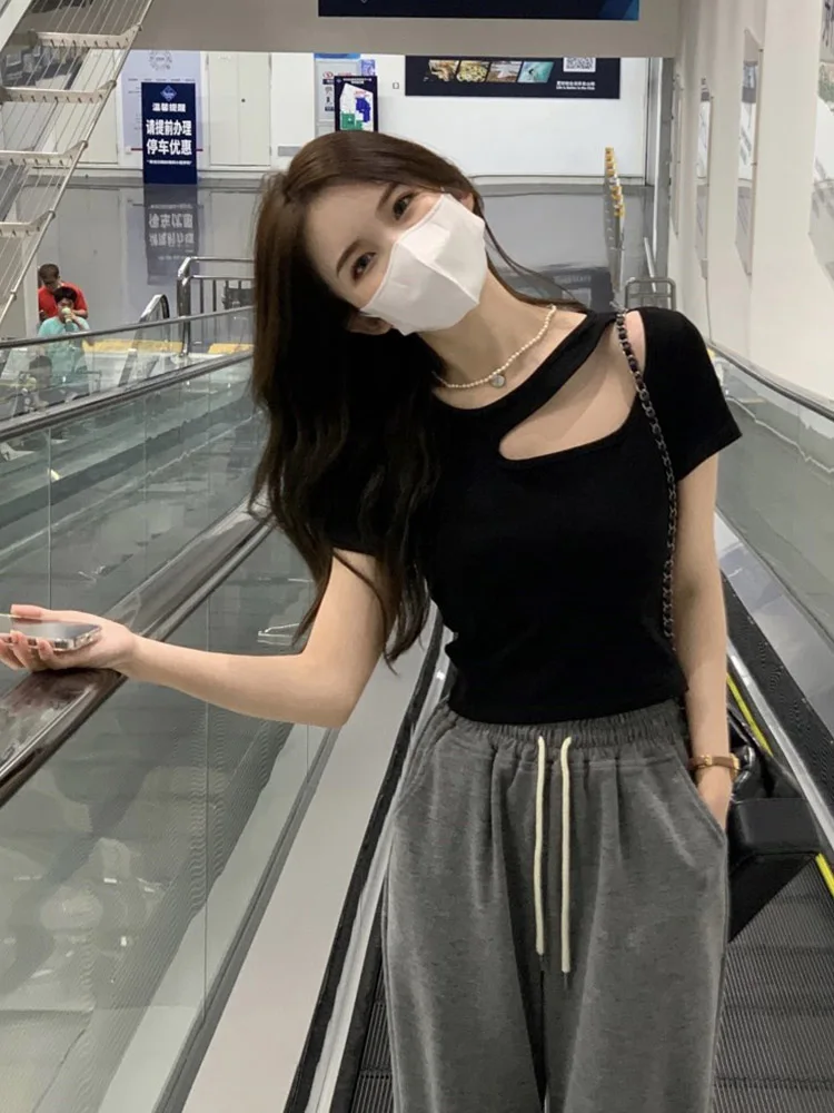 여성용 섹시한 할로우 아웃 크롭 탑, 홀스키니 슬림 반팔 티셔츠, 여성용 Y2K..
