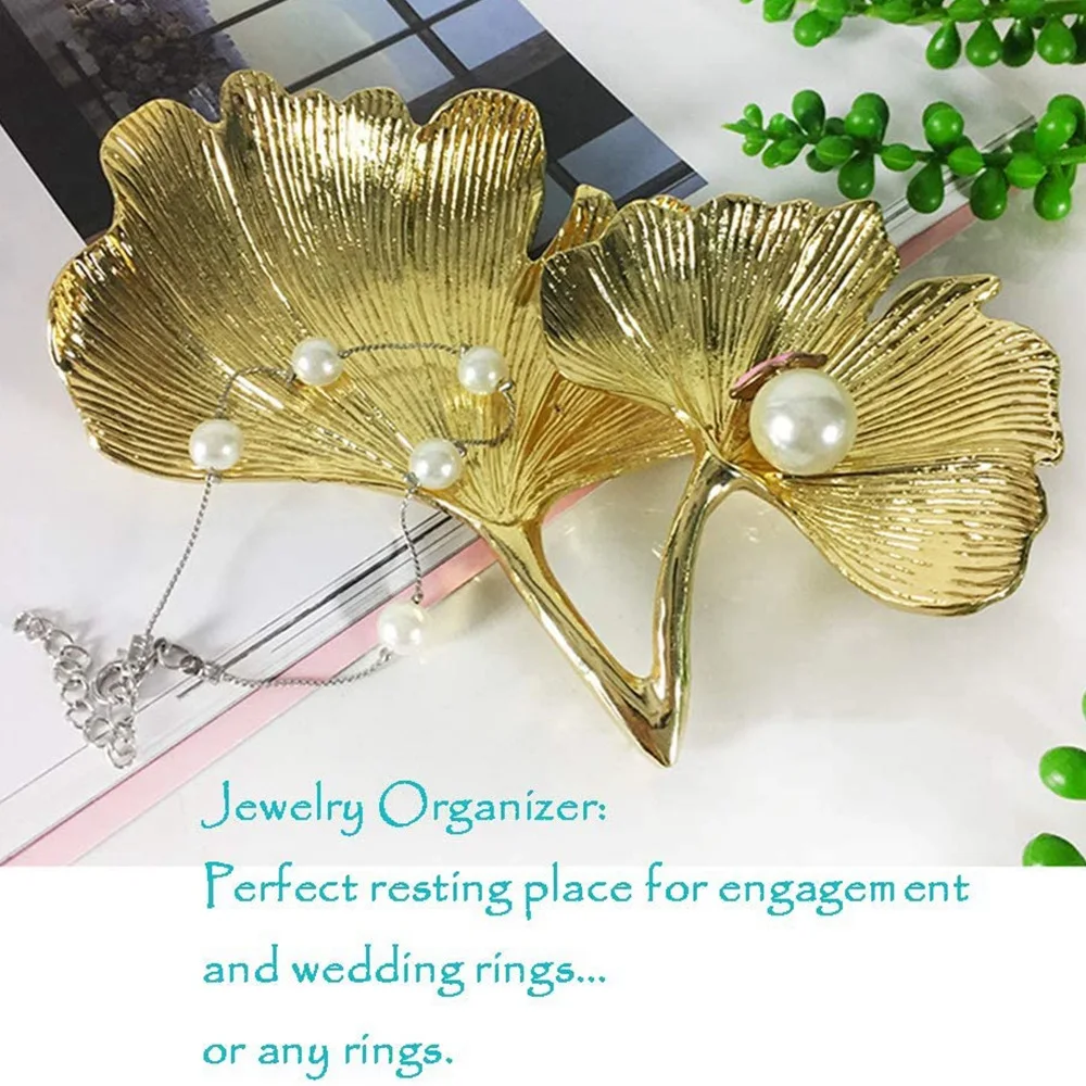 

Декоративный поднос в виде листьев гинкго билоба, золотой поднос для украшений, настольный декоративный поднос для кольца, ожерелья