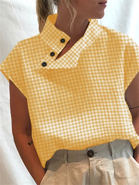 Celmia Women Short Sleeve Blusas 2022 Summer Cotton Linen Shirts Fashion Oversized Blouses Casual Loose Camisas Solid Tunic Tops Yellow (Plaid)