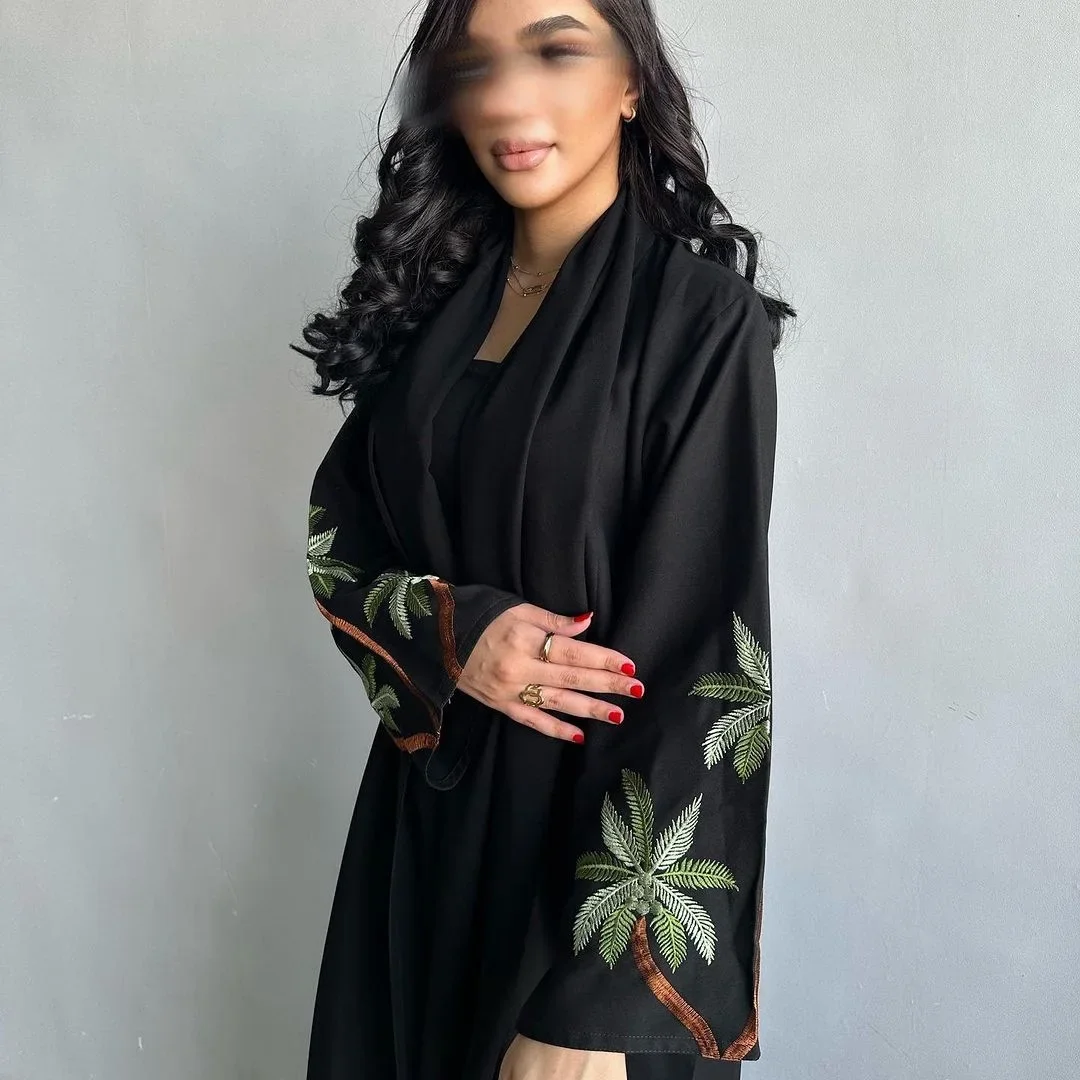 Eid Black Nida Open Abayas for Women Embroidery Abaya Dubai Saudi Arabic Muslim Dress Ramadan Islamic Clothing Morocco Caftan