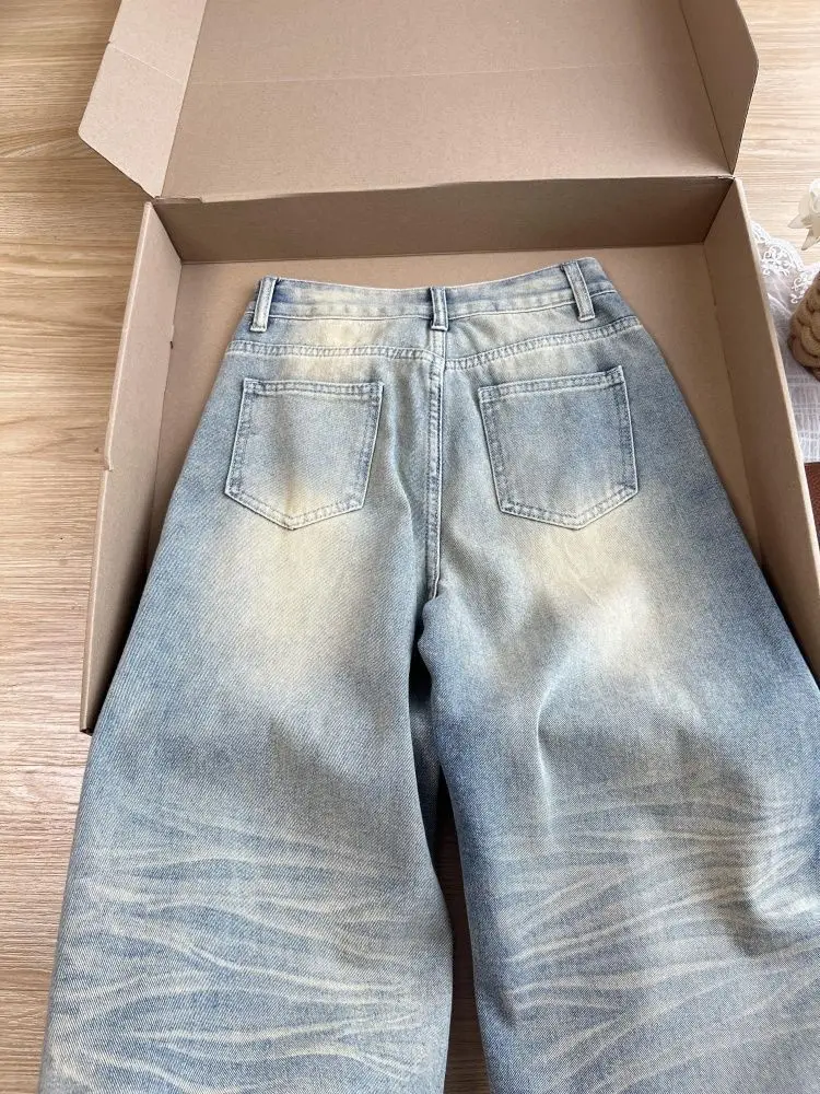 2025 Autumn New Retro Old Ripped Jeans Wide-leg Jeans Women Loose Pants Trousers Baggy Jeans 3