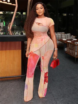 Weird Puss Stylish Floral Print 2-Piece Set Women O-Neck Irregular Hollow Ruffle Split Hem Top+Flare Pants Elegant Vacation Suit 1