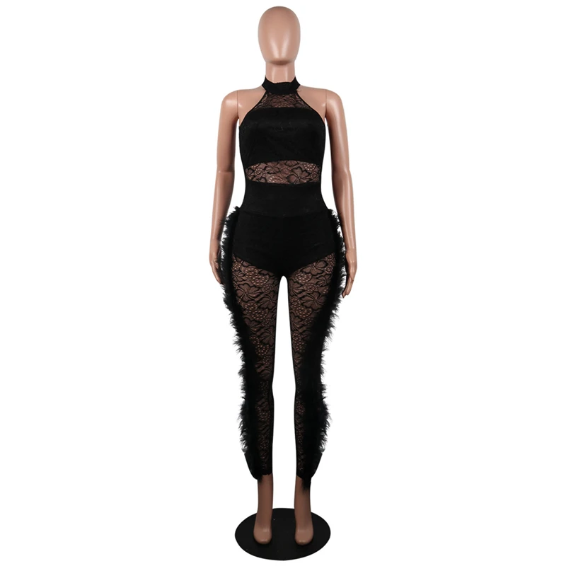2021 Summer Overalls White Black Mesh Lace Sexy Romper Club Elegant Sexy Jumpsuit for Women Evening Long Party Jumpsuits Outfits