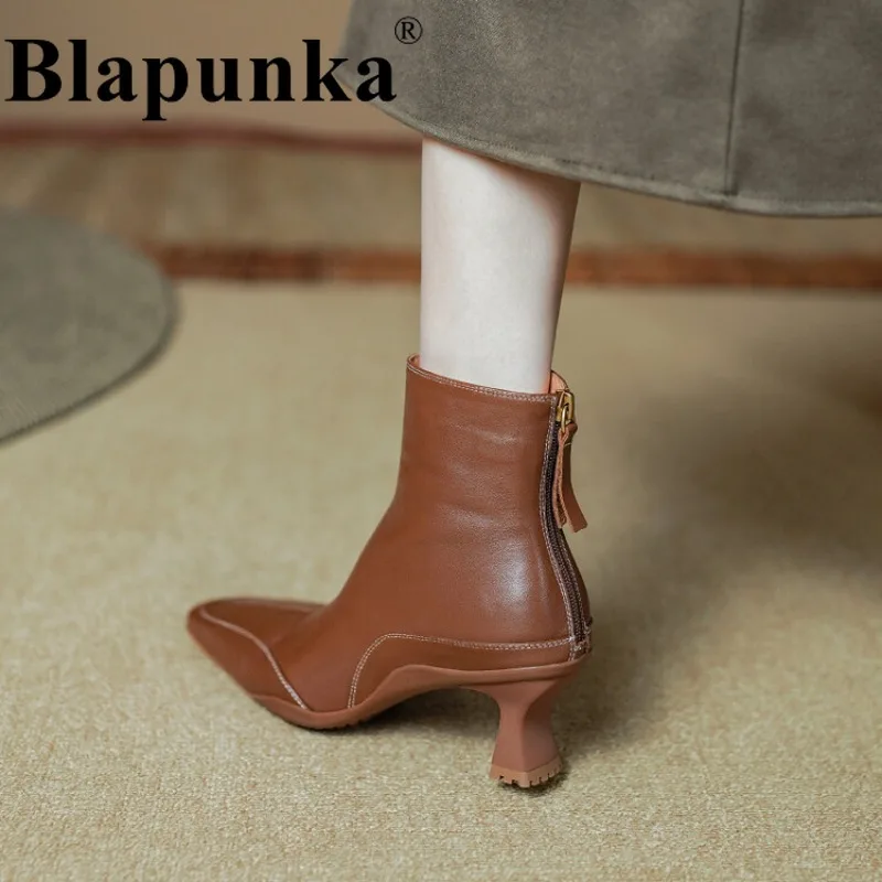 

Blapunka Women Real Natural Leather Boots Autumn Brown High Heels Short Booties Ladies Winter Square Toe Zipper Shoes Elegant 40