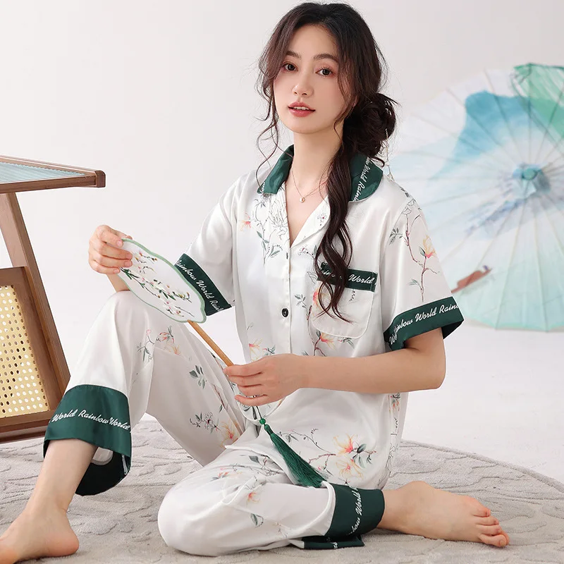 Spring Summer Women's Thin Ice Silk Pajamas Short Sleeve Pants Oversized Loose Home Clothing Set Sweet Luxury Sleepwear