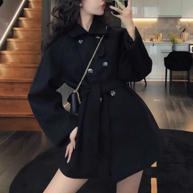 

Women's Wool Blended Coat Casual 2021 Autumn and Winter Style Black Belt Slim Double-breasted Lapel Warm Elegant Jacket Women