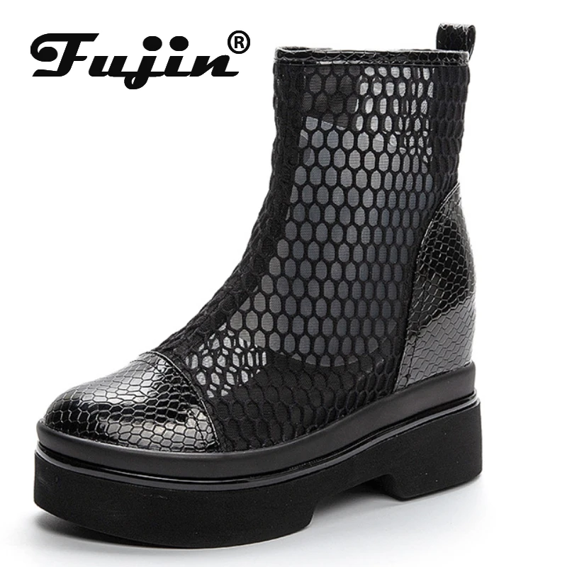 

Fujin 8.5cm Air Mesh Sandals Women Knee High Boots Platform Wedge Fashion Breathable Lace Thick Heels ZIP Summer Hollow Shoes