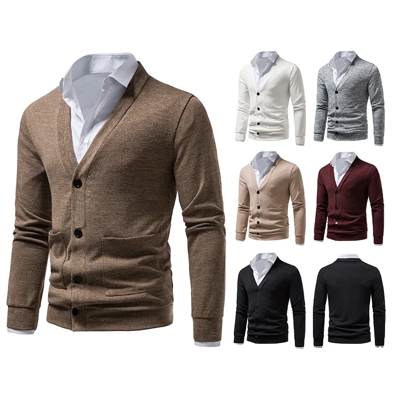 Mens Cardigans Sweater Pocket Men Knit Cardigan Buttons V Neck Sweaters Solid Colour Pullover Man Casual Slim Fit Cardigans SW03