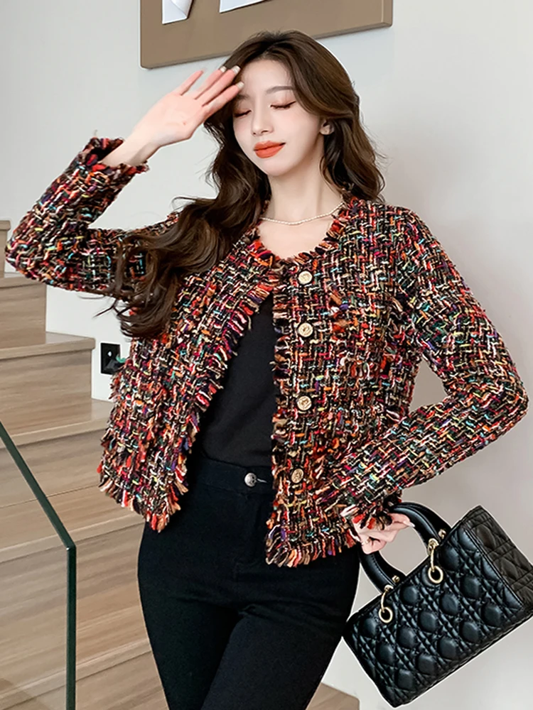 

Autumn High Quality Vintage Tweed Jacket Women Tassels Weave Chic Winter Coat High Streetwear Full Sleeve Loose Outwear Female