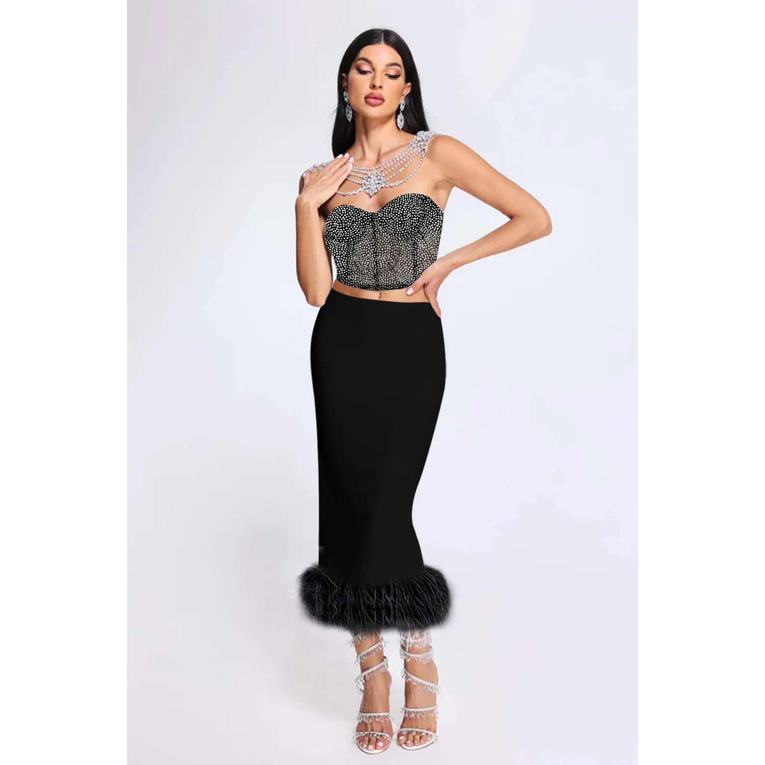 

Zoctuo 2023 Elegant 2 Piece Outfits For Women Sequin Sexy Strapless Crop Top High Waist Long Skirt Hem Tassels Party Club Suits