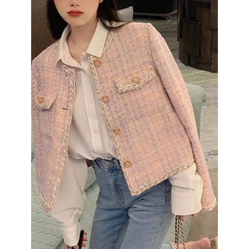 

Pink Plaid Woven Striped Short Jacket Women's 2022 Autumn and Winter New French Temperament Tweed Small Suit Jacket