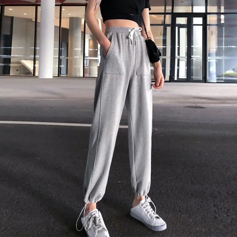 Women's Fashion High Waist Ankle Length Jogging Pants 2024 Sport Drawstring Pant Female Plus Size Casual Straight Trousers Lady
