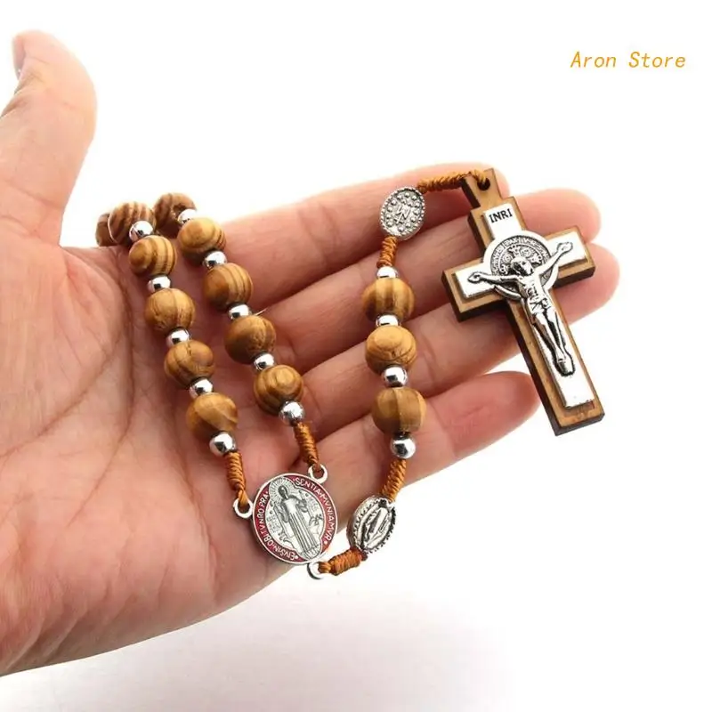 Handmade Wooden Rosary Necklace 10mm Round Beads Christ Jesus Pendant Chain Necklaces Religious Jewelry for Men catholic rosary necklace