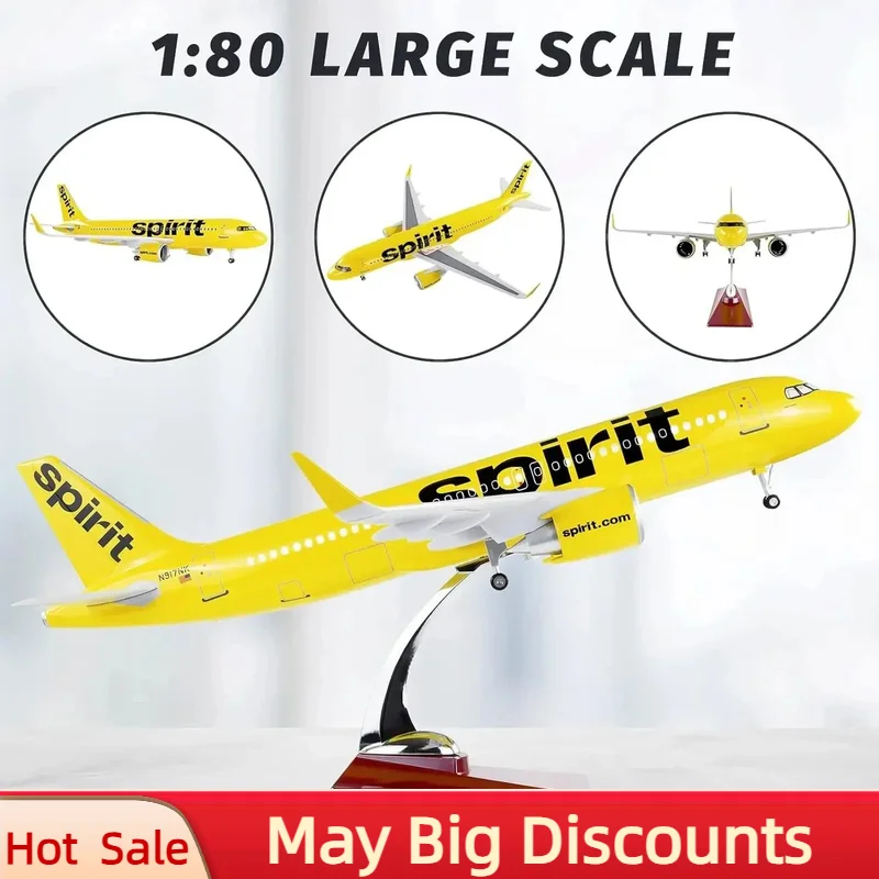 

1:80 Scale Large Airplane Model Spirit Airlines Airbus 320 Plane Model Diecast Airplanes with LED Light for Collection or Gift