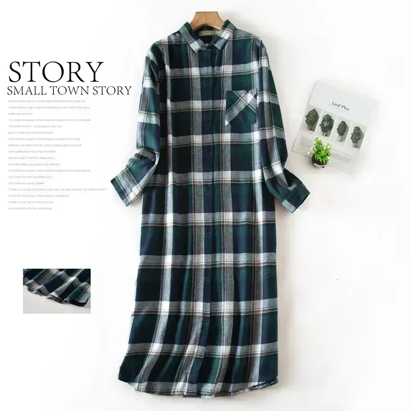 Women Nightdress Long Sleeve Sleeping Shirt Plaid Multi Colors Plus Size Cardigan