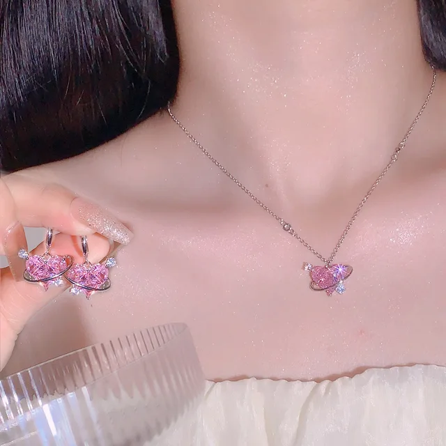 New Fashion Earrings Necklaces Set for Women Heart-shaped Zircon Pink Crystal Pendant Necklace Women's Jewelry Exquisite Gifts 2