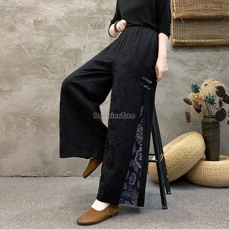 Chinese Style Button Design Loose Comfortable Casual Wide Leg Retro Embroidery Cotton Linen Pants