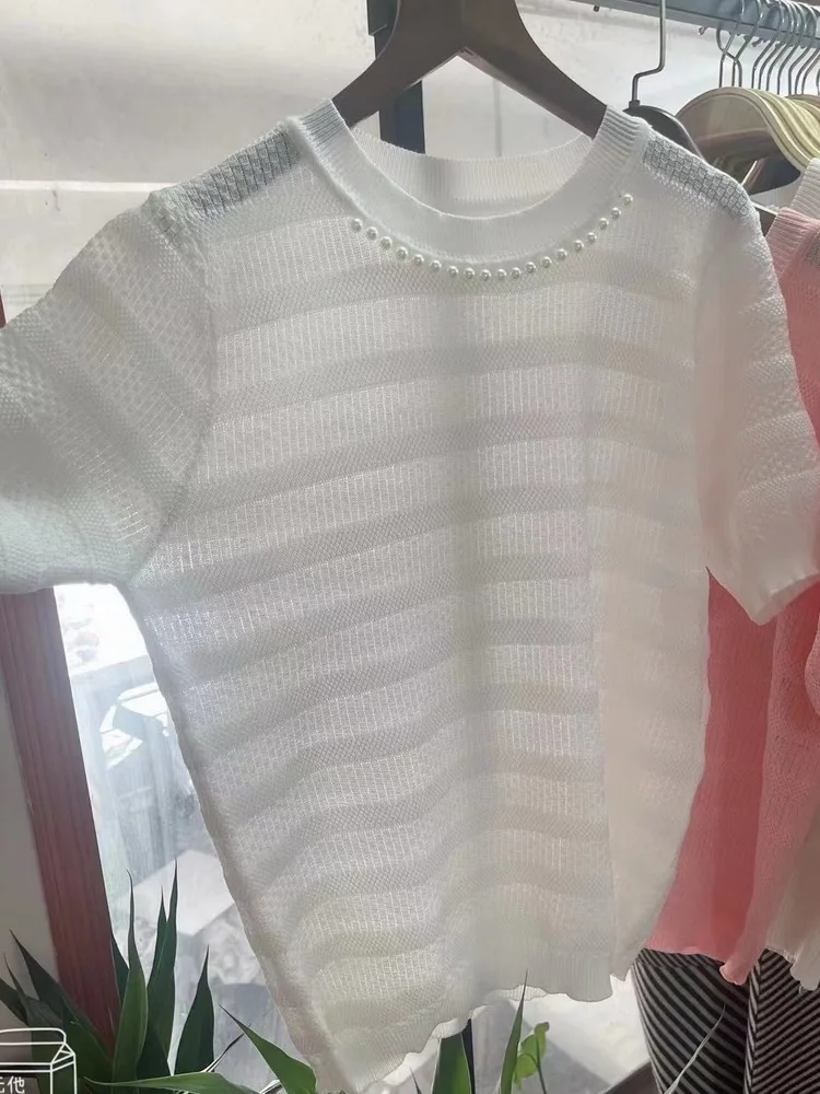 

2023 Summer Short Sleeve Knitted T-shirt Women Korean Fashion White O-Neck Beading Solid Loose Ice Silk Knitwear Tops Femme Tees