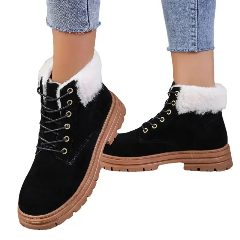 2023 New High Quality Shoes Female Lace Up Women's Boots Winter Round Toe Flock Plush Warm Mid Heel Casual Naked Boots Shoes