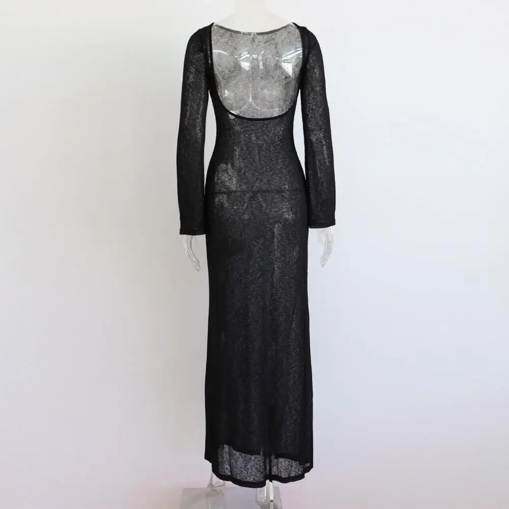 

Slim Fit Beach Dress Sun Protection Lace-up Backless Beach Cover-up Dress with Slim Fit Round Neck Long Sleeves for Lady